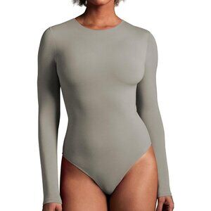 Long Sleeve Bodysuit Elephant Gray Sexy Crew Neck Layering Top Fall Winter